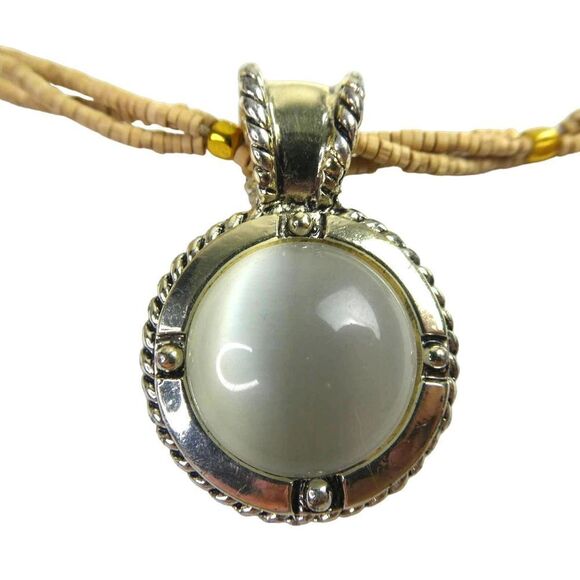 Double Two Multi Strand Beaded Necklace Faux Moonstone Silver Tone Pendant Boho - Picture 1 of 9